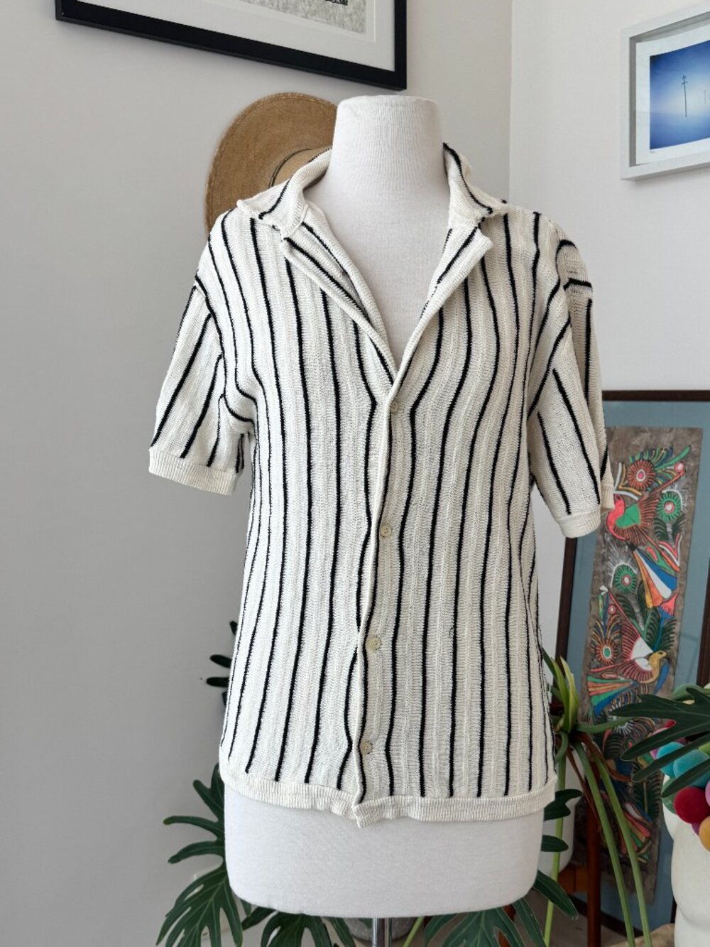 American Eagle Men’s Knit Cotton Knit Striped Short Sleeve Button-Up Lounge S